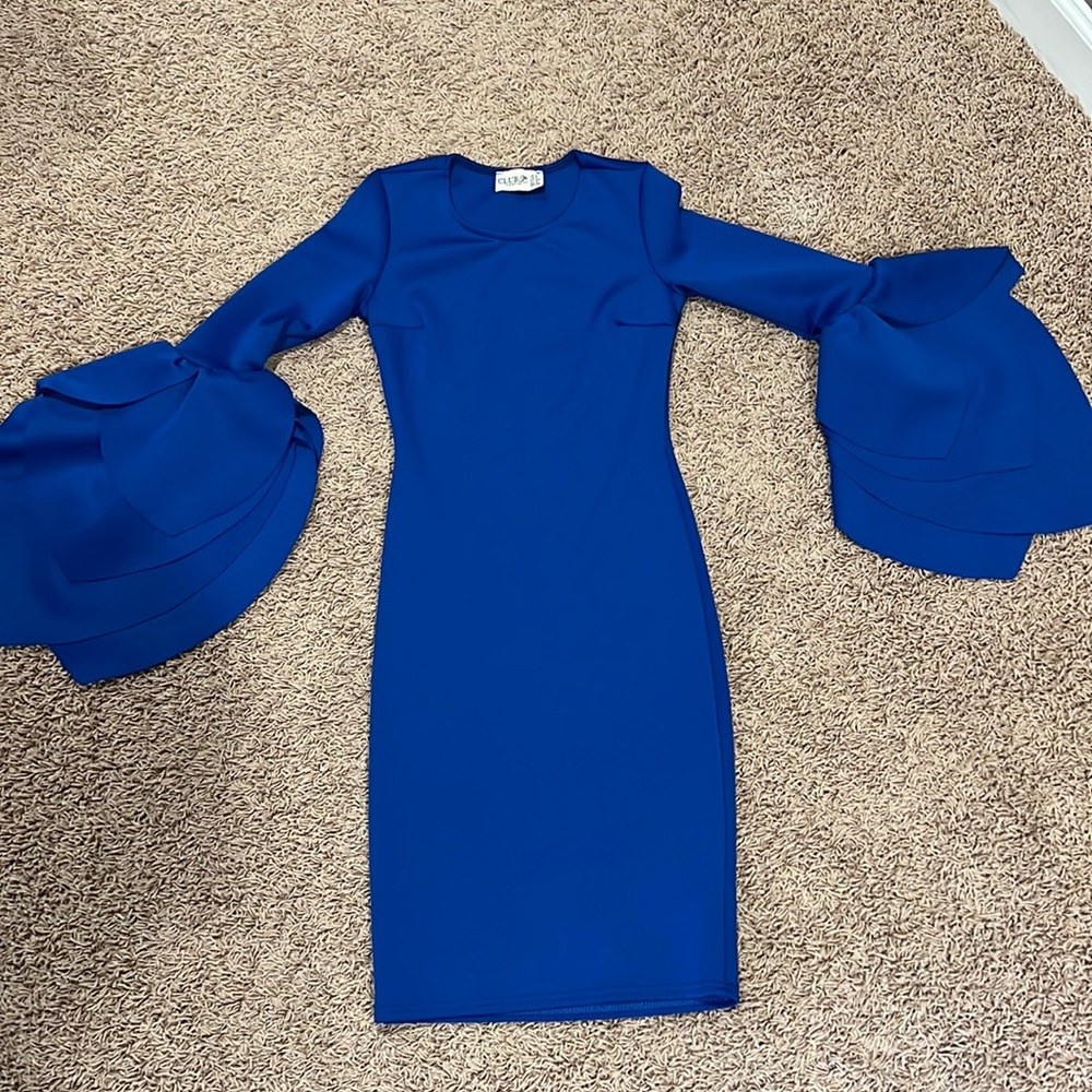 Royal blue fitted dress with tulip sleeves. Size US 2/extra small.